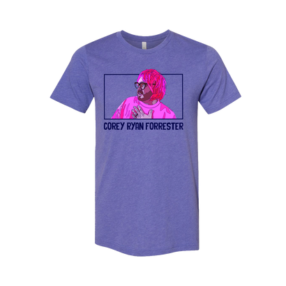 Purple t-shirt featuring stylized portrait of pink-haired person wearing glasses, with text 