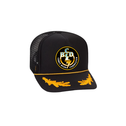 Black trucker hat with mesh back featuring circular BZP logo and gold leaf embroidery on brim, perfect for champions and fans alike