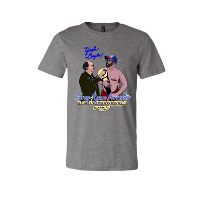 Heather gray t-shirt with colorful graphic featuring two cartoon characters and text 