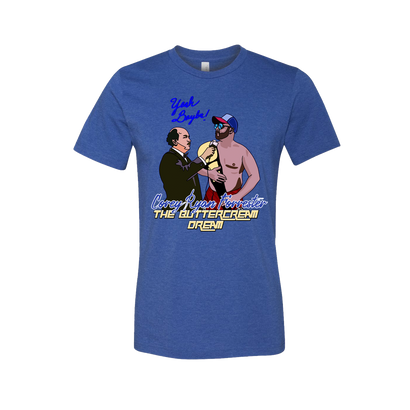 Royal blue t-shirt featuring cartoon characters with text 