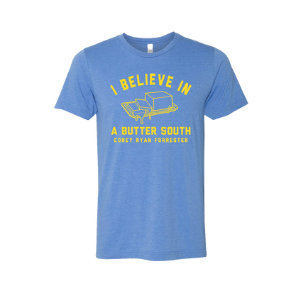 Heather blue t-shirt with yellow text reading 