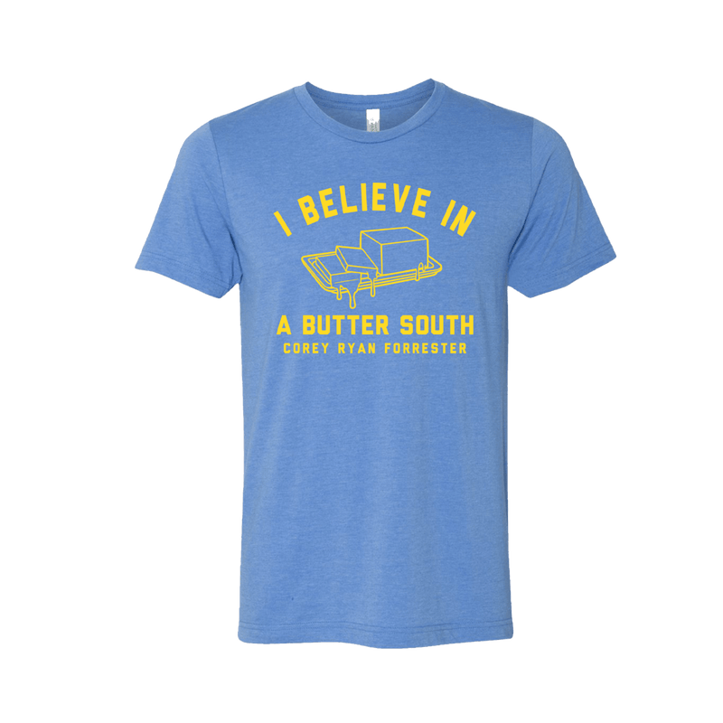 Heather blue t-shirt with yellow text reading 