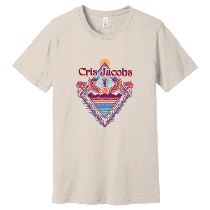 Beige t-shirt featuring colorful diamond-shaped graphic with roses, crowns, and geometric patterns. Central text reads 