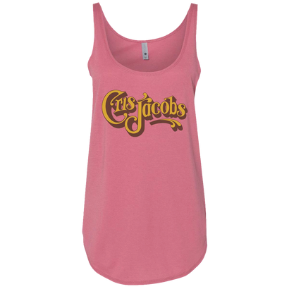 Pink ladies tank top featuring Cris Jacobs script logo in yellow and brown retro-style lettering, perfect for casual wear or music events