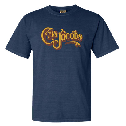 Navy blue t-shirt featuring Cris Jacobs script logo in golden yellow. Classic crew neck design with short sleeves. Comfortable and stylish apparel for fans of the artist.