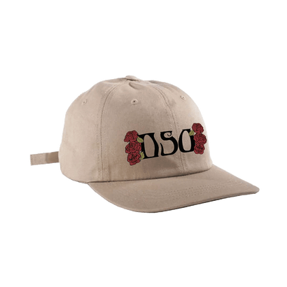 Khaki dad hat with embroidered DSO logo and red roses, featuring adjustable strap for customizable fit, ideal for casual wear and representing brand style