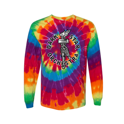 Vibrant tie-dyed long sleeve t-shirt with Dark Star Orchestra logo.