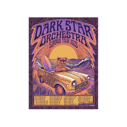 Dark Star Orchestra 2023 Summer Tour Posters with pyschedelic bear in convertible and beach scene