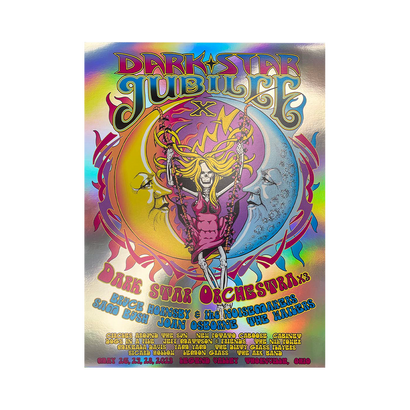 Psychedelic 2023 Dark Star Jubilee poster with vibrant colors, featuring a cosmic figure surrounded by swirling patterns, moon, and sun. Foil variant with slight damage, showcasing event details and musical lineup in retro-style typography.