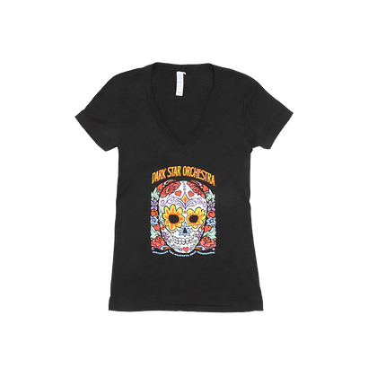 Dark Star Orchestra Sugar Skull design on a black v-neck women's t-shirt