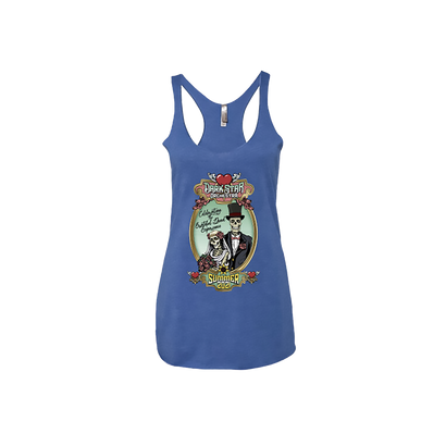 Dark Star Orchestra's Summer Tour 2021 Ladies' racer back tank top in blue featured the skeleton bride and groom graphic - front