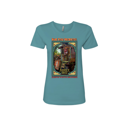 Teal ladies t-shirt featuring colorful Summer Tour 2022 design with intricate artwork depicting a vintage trailer surrounded by trees and nature elements in a decorative frame