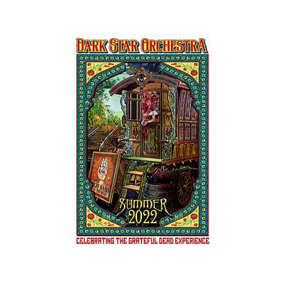 Colorful sticker design featuring a gypsy caboose with intricate details, surrounded by a decorative border. Text reads 