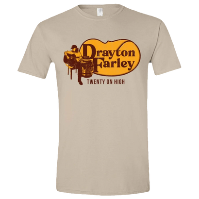 Sand-colored t-shirt featuring vintage-style Drayton Farley logo with silhouette of musician playing guitar. Text reads 