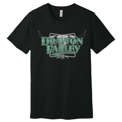 Black t-shirt featuring Drayton Family logo in green and white, with stylized longhorn horns and rope accents, showcasing western-inspired design on soft cotton fabric