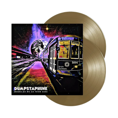 Dumpstaphunk album cover featuring a vibrant streetcar scene with cosmic elements, alongside two gold vinyl records for 