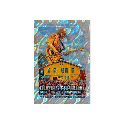 Vibrant lava foil poster featuring guitarist silhouette, yellow building, and musical notes. Commemorative artwork for Nick Daniels III by JT Luchessi. Limited edition screenprint with colorful abstract background and event details.