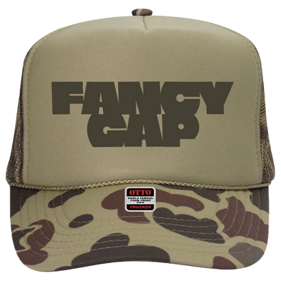 Fancy Gap Block Logo on a Khaki and Camo Trucker Hat