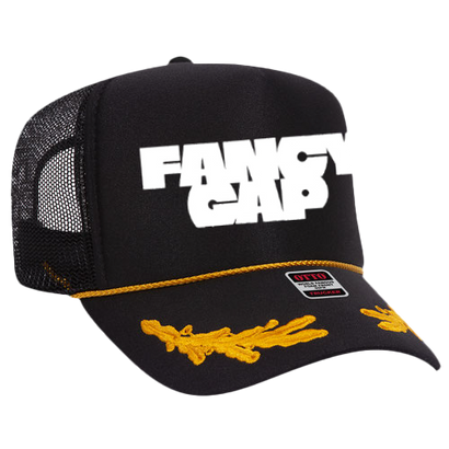 Fancy Gap Block Logo Black Trucker hat with gold oak leaves