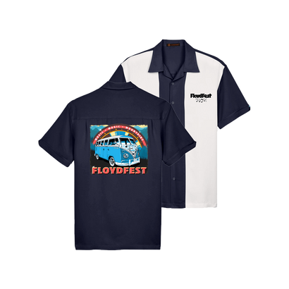 Two-tone camp shirt. Front features 'FloydFest' logo. Back displays colorful retro design with blue VW van, rainbow, and 'FLOYDFEST' text. 