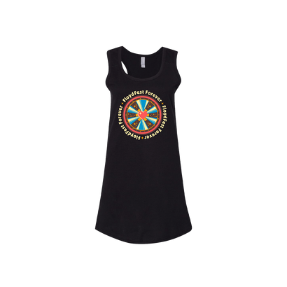 Black racerback tank dress featuring a colorful circular graphic design with text surrounding it. The graphic shows a wheel-like pattern with vibrant segments in various colors.