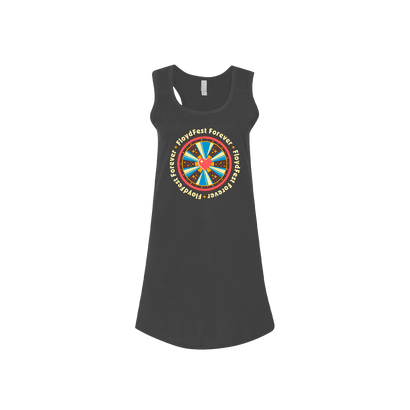 Grey racerback tank dress featuring a colorful circular design with text around the edge. The design includes vibrant red, yellow, green, and blue segments forming a wheel-like pattern on the front of the dress.