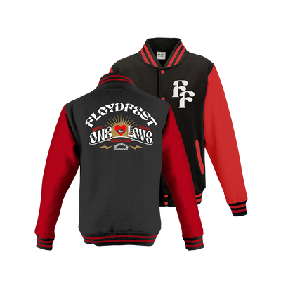 HORIZON '24 Varsity Letter Jacket in black and red, featuring Floydfest One Love design on back, FF logo on front. Classic collegiate style with snap buttons and ribbed cuffs. Stylish and commemorative festival merchandise.