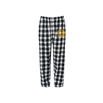 Cozy white and black buffalo plaid flannel pants with elastic waistband, featuring gold 'FloydFest Forever' circular graphic on left thigh, ideal for lounging or sleeping