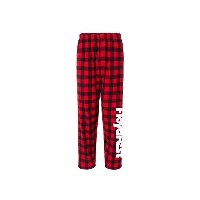 Red and black buffalo plaid flannel pants with elastic waistband, featuring 'Floydfest' text in white print along the left leg, comfortable and stylish loungewear for casual wear or sleep