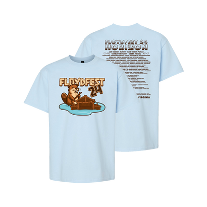 Light blue youth t-shirt with Floydfest 24 Horizon design. Front features cartoon beaver on log in water. Back displays event details and lineup in text format. Comfortable casual wear for music festival attendees.