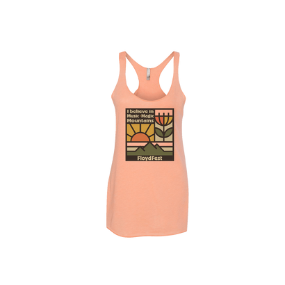 Light orange ladies tank top with racerback design featuring a retro-style graphic of a sunset, mountains, and flower. Text reads 