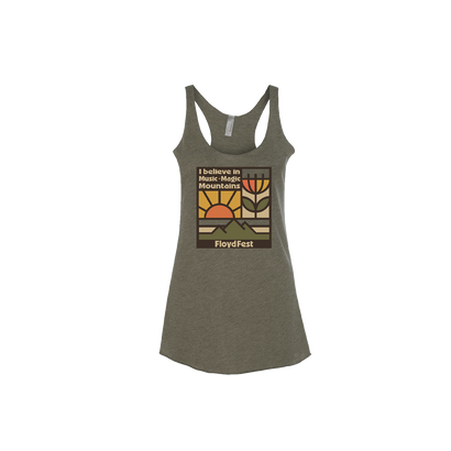 Military green ladies tank top featuring a retro-style graphic with sun, flower, and text reading 'I believe in Music, Magic, Mountains' and 'FloydFest'. Sleek racerback design perfect for summer festivals or casual wear.