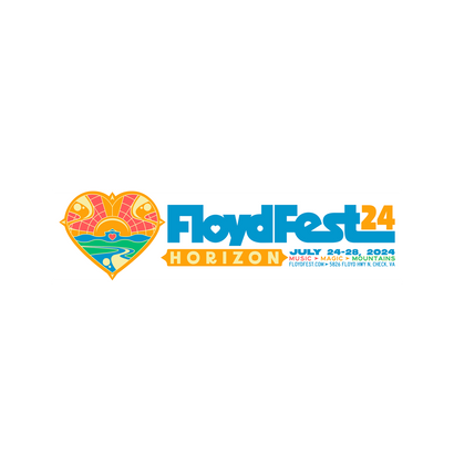 FloydFest Horizon 2024 logo featuring a colorful heart-shaped design with mountains and sun, alongside event text displaying dates July 24-28 and location in Floyd, VA