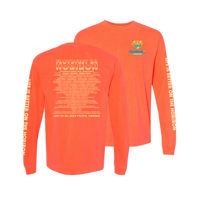 Bright neon orange long sleeve shirt for FloydFest Horizon '24 with colorful front logo, festival lineup on back, and sleeve graphics reading 'Life is Better on the Horizon