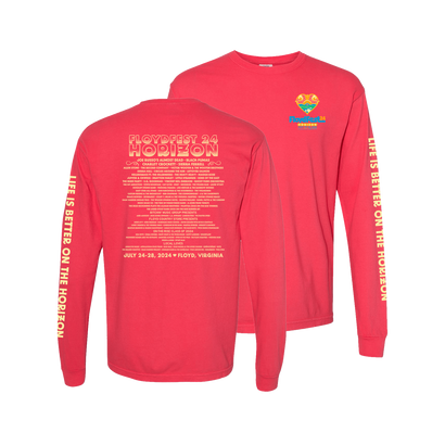 Paprika long sleeve t-shirt featuring Horizon '24 festival logo on front, lineup details on back, and sleeve graphics for FloydFest music event. Vibrant red color with yellow text showcasing festival information and slogan 'Life is Better on the Horizon'.