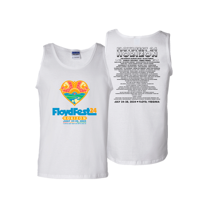 White unisex tank top featuring FloydFest 24 Horizon logo on front with colorful heart design and event details on back. Sleeveless style showcases festival lineup and dates for July 2024 in Floyd, Virginia.