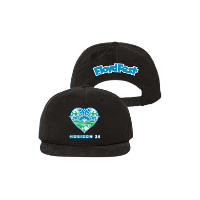 Black snapback cap with blue and green heart-shaped logo on front and blue 'FloydFest' text on back. Features 'HORIZON 24' text below logo. Adjustable strap for custom fit.