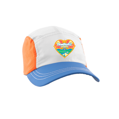 FloydFest Horizon 2024 running hat with colorful heart logo, featuring white crown, orange side panel, and blue brim, designed for comfort and style during outdoor activities