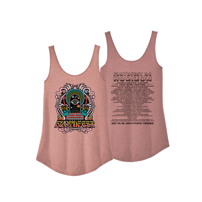 Blush ladies tank top with colorful psychedelic FloydFest logo on front and festival lineup on back, showcasing HORIZON '24 FloydFest design for music festival attendees