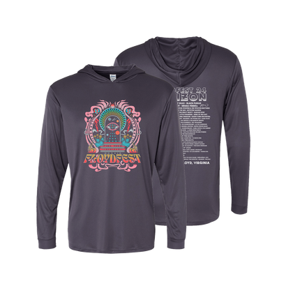 Graphite gray hoodie with psychedelic sun design on front and FloydFest event details on back, showcasing vibrant colors and festival artwork for HORIZON '24 music event