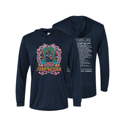 Navy hoodie with colorful psychedelic sun design on front, FloydFest HORIZON '24 text and event details on back, long sleeves, comfortable festival wear for outdoor music events