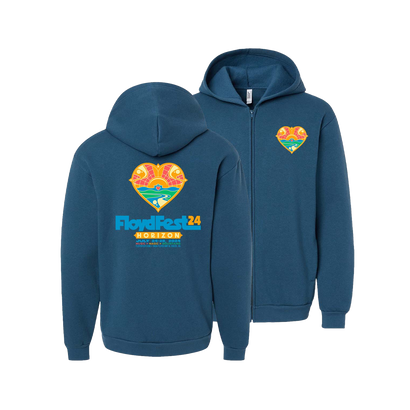 Sea blue zip hoodie featuring colorful heart-shaped logo with tropical sunset design on chest and back, promoting HORIZON '24 FloydFest event