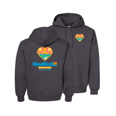 Smoke gray zip hoodie featuring colorful heart-shaped logo with sunset and ocean design. Front and back views displayed, showcasing HORIZON '24 branding in blue text. Comfortable unisex style for casual wear.