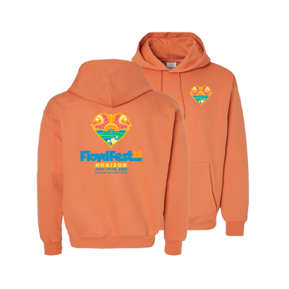 Pumpkin-colored unisex zip hoodie featuring FloydFest Horizon logo on chest and back. Vibrant design showcases mountains, sun, and trees in yellow and blue. Comfortable, stylish festival wear with front pocket and drawstring hood.