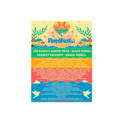 Colorful FloydFest Horizon 2024 music festival poster featuring vibrant artwork, headlining acts, and event details. Includes heart-shaped sun logo, nature elements, and a diverse lineup of artists across multiple genres and stages.