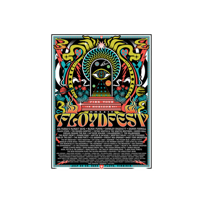 Vibrant psychedelic poster for FloydFest Horizon 2024 music festival featuring colorful abstract designs, an all-seeing eye, and a list of performing artists. Intricate patterns surround a central doorway motif with steps leading to the festival name.