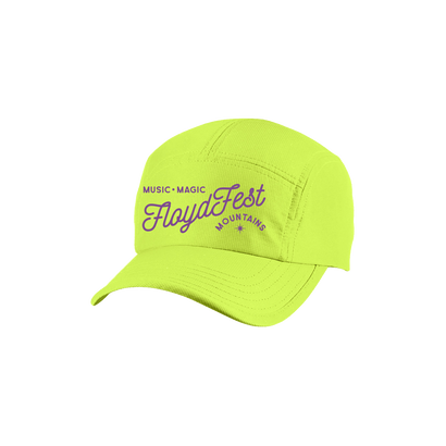 Neon yellow performance hat with Floyd Fest Music Magic logo and Mountain Time text, featuring a sleek five-panel design and adjustable strap for comfortable fit, ideal for outdoor festivals and active wear