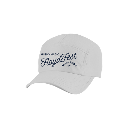 White performance hat featuring Floyd Fest Music Magic logo and Mountain Time text. Five-panel design with adjustable strap for outdoor festivals and active wear.