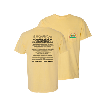 Butter yellow t-shirt with HORIZON '24 FloydFest stage lineup printed on back, colorful logo on front pocket. Front and back views shown. Comfortable festival wear for music enthusiasts.