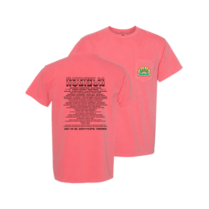 Watermelon-colored t-shirt with FloydFest HORIZON '24 logo on pocket and event details on back, showcasing festival lineup and information for music fans